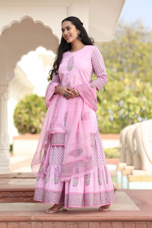 MULMUL VINAYA FLORAL MOTIFS BLOCK PRINTED KURTA-SHARARA & DUPATTA SET MULMUL VINAYA FLORAL MOTIFS BLOCK PRINTED KURTA-SHARARA & DUPATTA SET